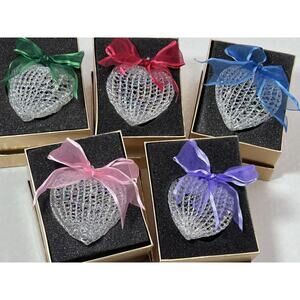 Set 5 Handblown Spun Iridescent Glass Heart Ornament w Ribbon Bows 3" Holiday